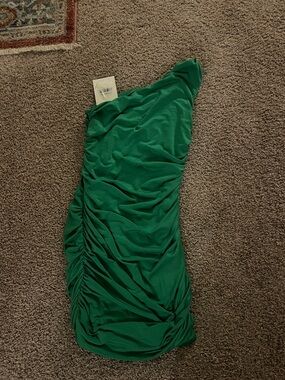 Hello Molly Emerald Green One-Shoulder Dress with Ruched Detail
